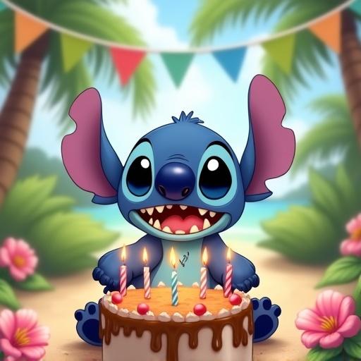 Cartoon character Stitch with a birthday cake featuring five candles. Tropical park scene with colorful flowers and flags in the background.