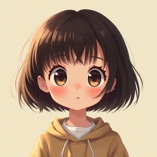 Anime character with a round face and big eyes. Innocent expression. Casual outfit, full body view.