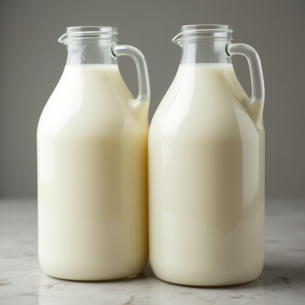 Two large glass containers filled with milk. The jugs are sitting side by side on a marble surface. The milk appears creamy and fresh.