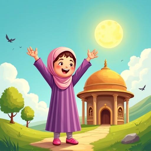 Vibrant cartoon illustration for a children's book cover. A faceless girl about 7 to 10 years old. Purple striped dress light pink headscarf pink clogs. Standing joyfully in front of an Islamic-style house. House with five pillars and a dome-shaped roof. Girl is celebrating and presenting the house. Bright sunny backdrop with blue sky green grass trees hills birds and clouds. Includes Islamic decorative elements. Space at the top for book title. Warm and uplifting overall tone.