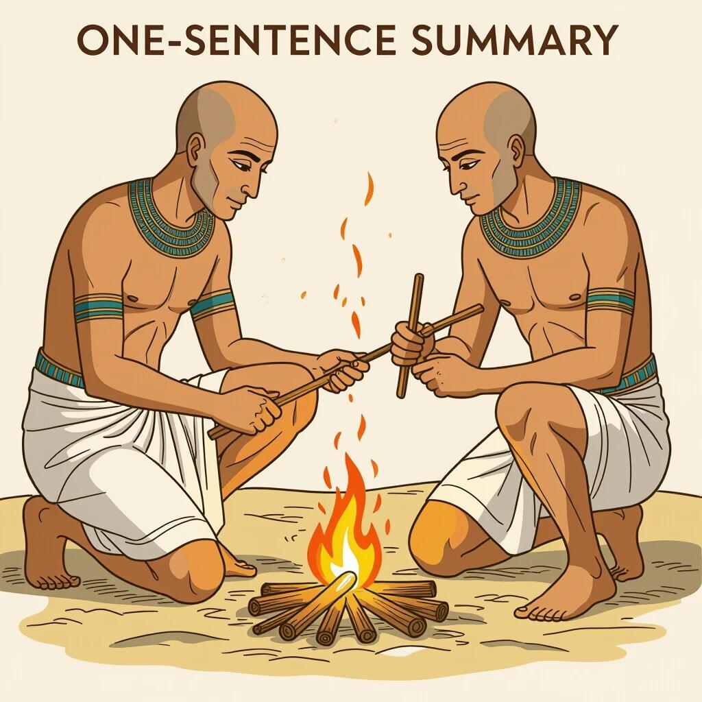 Illustration of two bald light-skinned ancient Egyptians making fire with a fire drill. They wear simple wraparound clothing and focus intently on their task. The image shows the method of creating fire through friction. It emphasizes effort and concentration on an everyday survival skill.