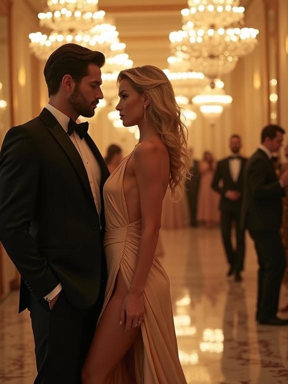 Glamorous ballroom scene in Dubai with elegant lighting and decor. A blonde woman in a champagne-colored gown leans close to a man in a tuxedo. The atmosphere is romantic and tense, with partygoers blurred in the background.