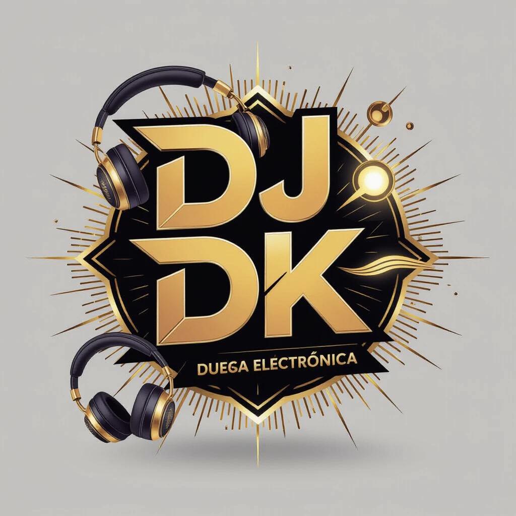 Logo design with the name DJ DK. Use black and gold colors. Bold and stylized typography with a futuristic feel. Incorporate music elements like headphones. Balanced composition with emphasis on DJ DK. Add a touch of metallic shine. Transparent background. High resolution for versatile use.