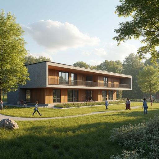 Architectural visualization of a modern school building with children playing outside in a garden during morning hours. The image conveys a sense of community and learning, featuring a big garden in the background, captured in a photorealistic style with the rule of thirds applied.