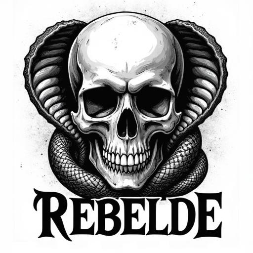 Bold logo design featuring detailed skull with defined bones and teeth. Cobra intertwined with skull, hood expanded showing scales. Word 'REBELDE' below skull in bold vintage font.
