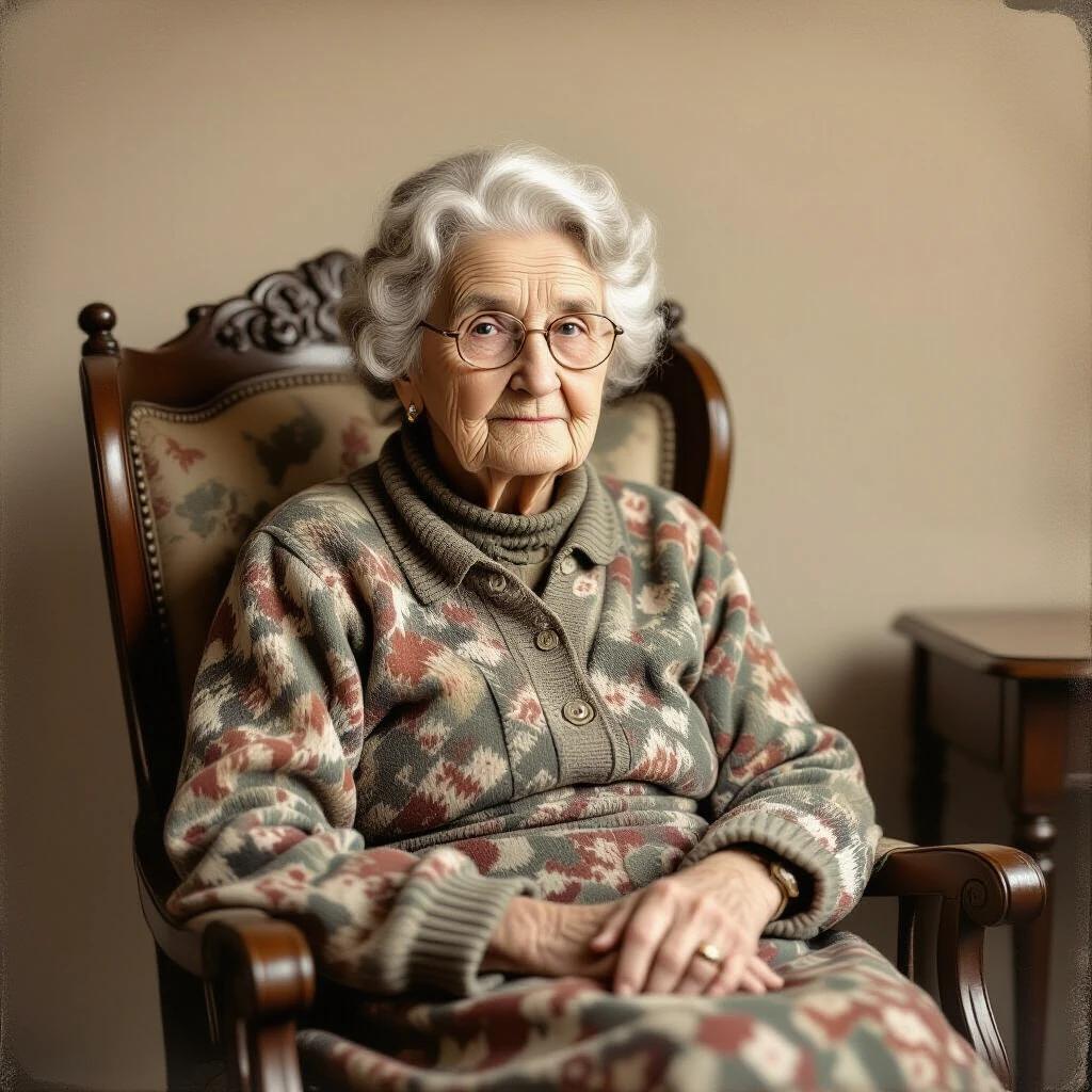 An elderly woman sits on a vintage chair. She wears a cozy sweater with a classic pattern. The scene is filled with warm tones. It captures a nostalgic feeling of bygone days. The decor is reminiscent of mid-20th-century interiors.