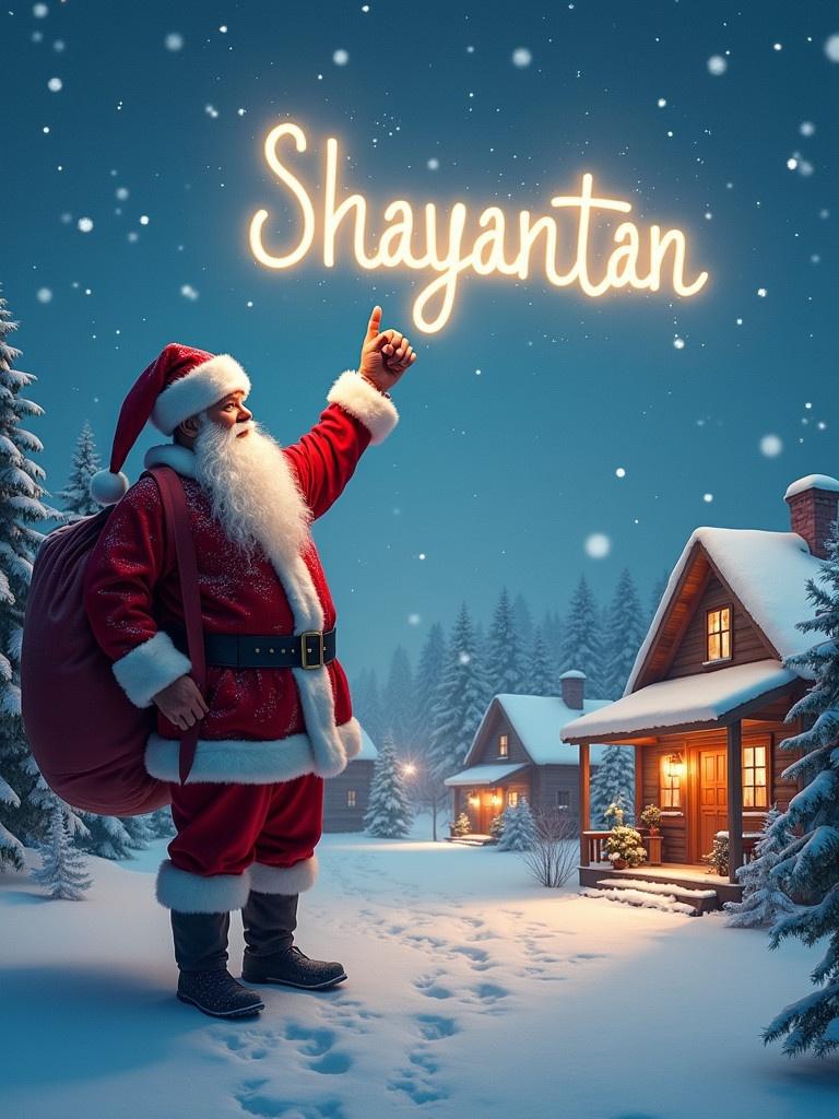 Santa Claus points at the sky in a snowy village. Magical name 'SHAYANTAN' glows above him. He wears a traditional red suit and a large sack. Warmly lit wooden houses are in the background. Snowflakes fall gently around evergreen trees. Overall scene is festive and joyful.