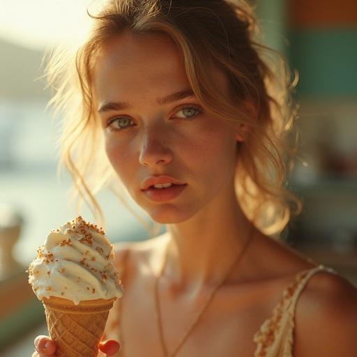 Freckled girl holds a melting ice cream cone. She has squinting eyes looking at the camera. Background is soft and dreamy under sunlight.