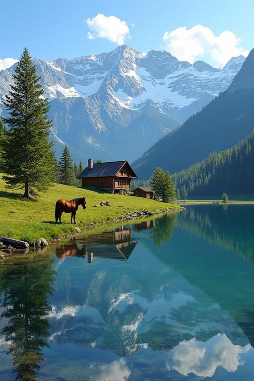 Scenic view of an alpine lake reflecting mountains. A brown horse grazes near the water on green grass. Pine trees and cabins create a rustic feel. Warm morning sunlight enhances colors and shadows. Captured in a low wide-angle perspective.