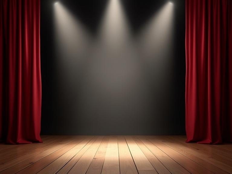 Simple stage background with dramatic lighting. Deep red velvet curtains frame the scene. Polished wooden floor creates a warm atmosphere. Soft spotlights illuminate the center of the stage. No people or props are present.