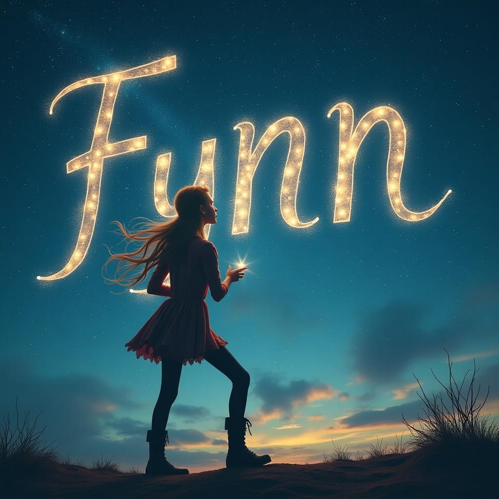 A whimsical scene featuring an elf-like figure standing on a hill under a starry sky. The elf is gracefully writing the name 'Funn' in glowing light above. Soft twilight hues illuminate the landscape as the elf holds a sparkling wand. This enchanting setting evokes a sense of wonder and creativity. The night sky provides a stunning backdrop to the whimsical scene, enhancing the magical atmosphere.