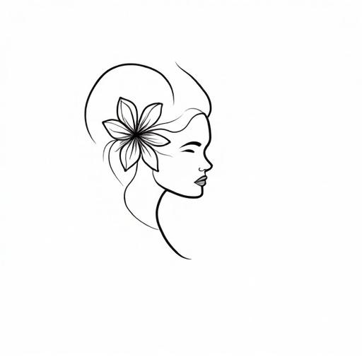 Minimalistic line art drawing of a continuous line forming a woman's face silhouette and a blooming flower in the hair. Smooth and elegant black lines on white background. Centered and balanced design suitable for modern fashion t-shirts.