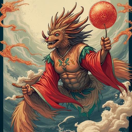 A muscular creature with fur and long hair stands confidently. It holds a red orb in one hand. The creature wears flowing red garments. Clouds and waves surround it. Elemental motifs enhance the scene.