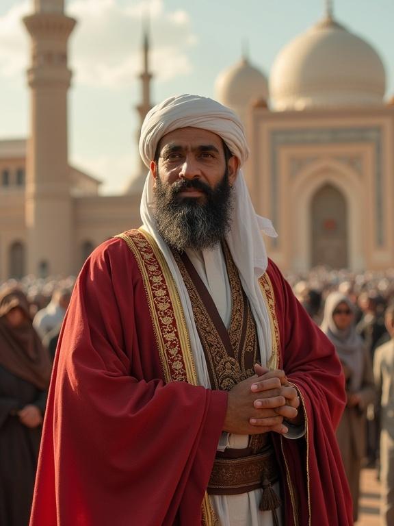 Portrait of a historical figure in traditional attire standing in front of a large gathering at a mosque with architectural details in the background