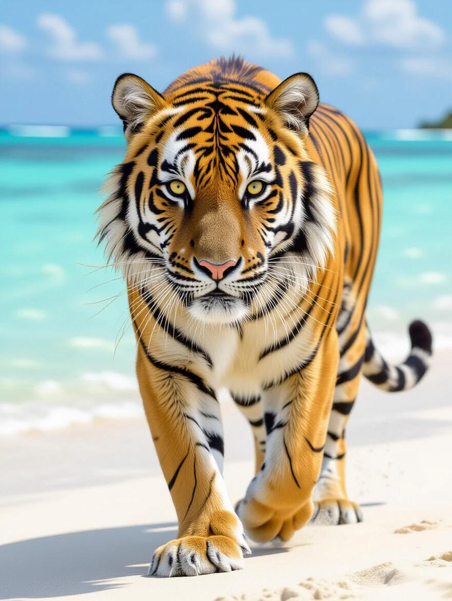 High quality realistic image of a tiger walking on a beach. The tiger exhibits vibrant fur colors. Clear blue ocean in the background. Soft white sand underfoot. Brightly lit sunny day with fluffy clouds.