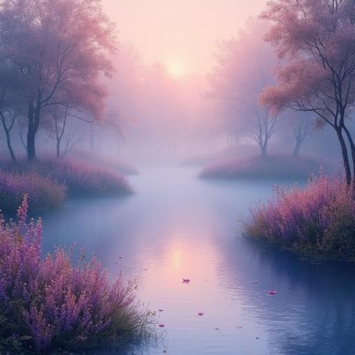 Misty pond surrounded by wildflowers and trees. Impressionist nature style on canvas. Reflective water with soft ripples at early morning light glow.