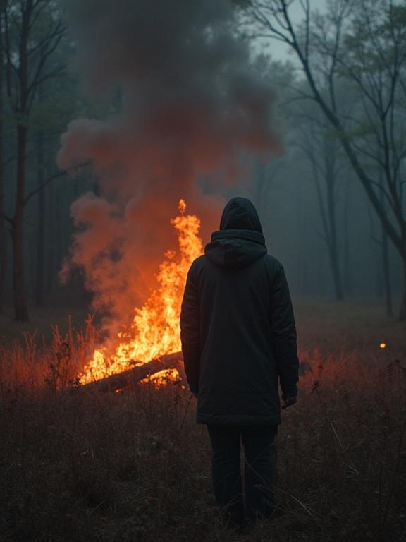 A solitary figure stands with their back to the camera in a forest. A bright fire burns in the background. Mist surrounds the trees. The atmosphere feels heavy and mysterious.
