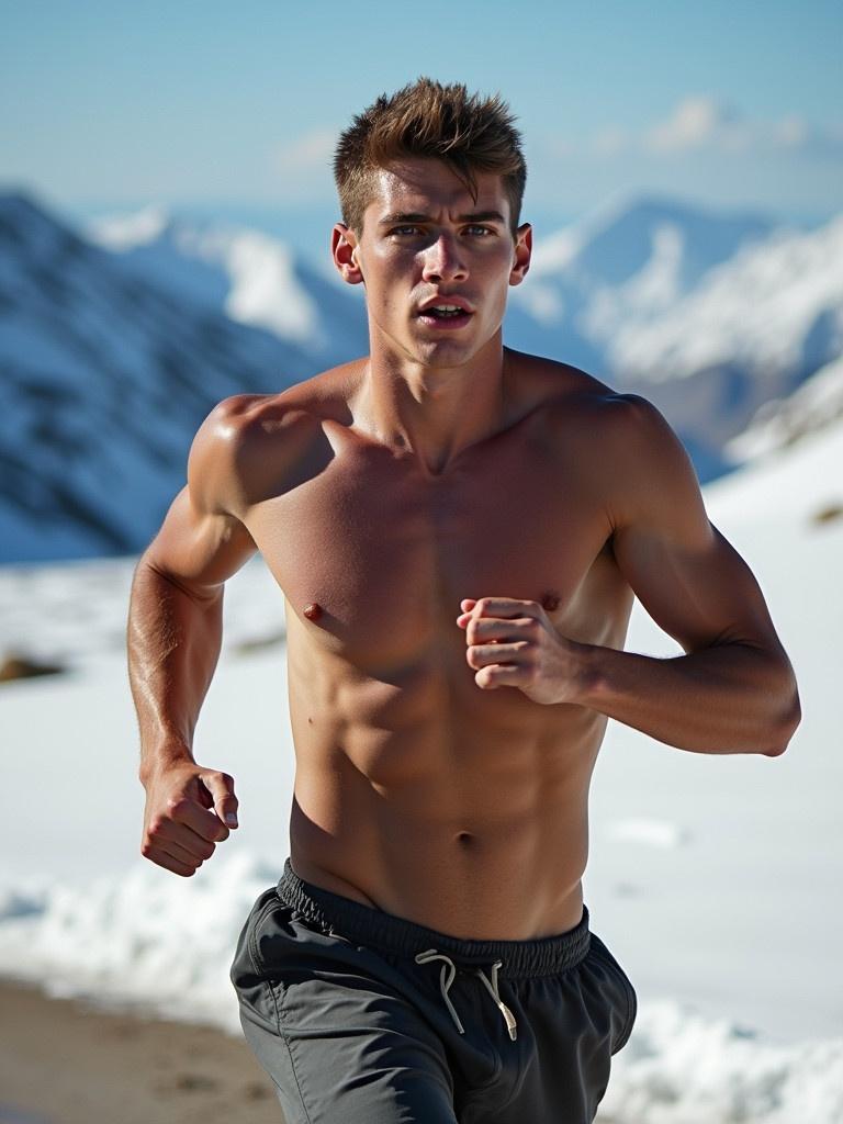 A young athletic man runs on a mountain trail during daytime. Snow capped mountain peaks are visible in the background. He has a fit physique and looks determined while jogging.