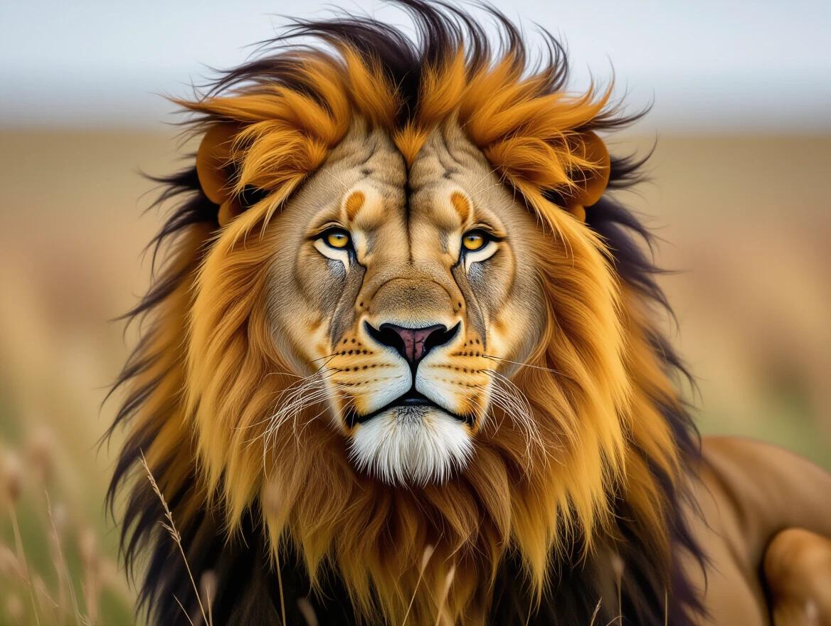 Hyper-realistic portrait of a lion with its mane blowing in the wind. The lion's face shows detailed features. The colors are vibrant and natural. The background is blurred to highlight the lion.