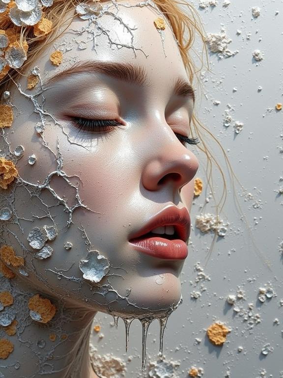 Close-up of a face featuring textured elements like jute fibres and collaged materials. Mixed media appearance with splashes of milk and bioluminescent highlights. The skin is incorporated with aromas of gold and silver tones.