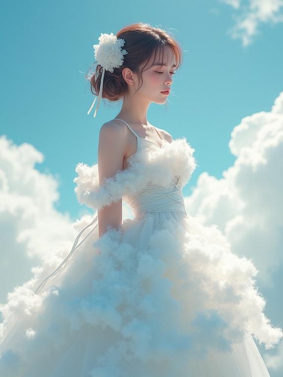 An elegant lady wearing a dress made of fluffy clouds. Clouds cover the torso and surround her, creating a dreamlike appearance. The scene is bright and airy against a clear blue sky. The image evokes a whimsical, fantasy vibe.