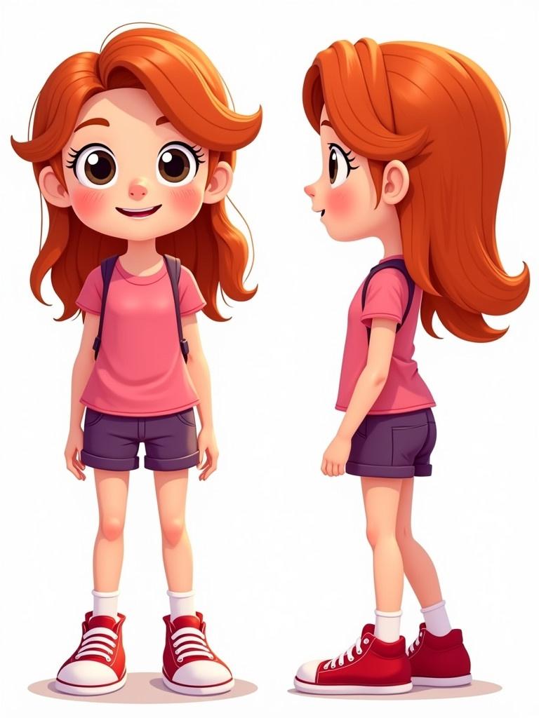 Cheerful cartoon character of a young girl in a turn-around sheet. Long red hair styled, large expressive eyes. Pink top, purple shorts, sturdy red sneakers. Showcasing two views: front and side. Adventurous personality and curiosity.