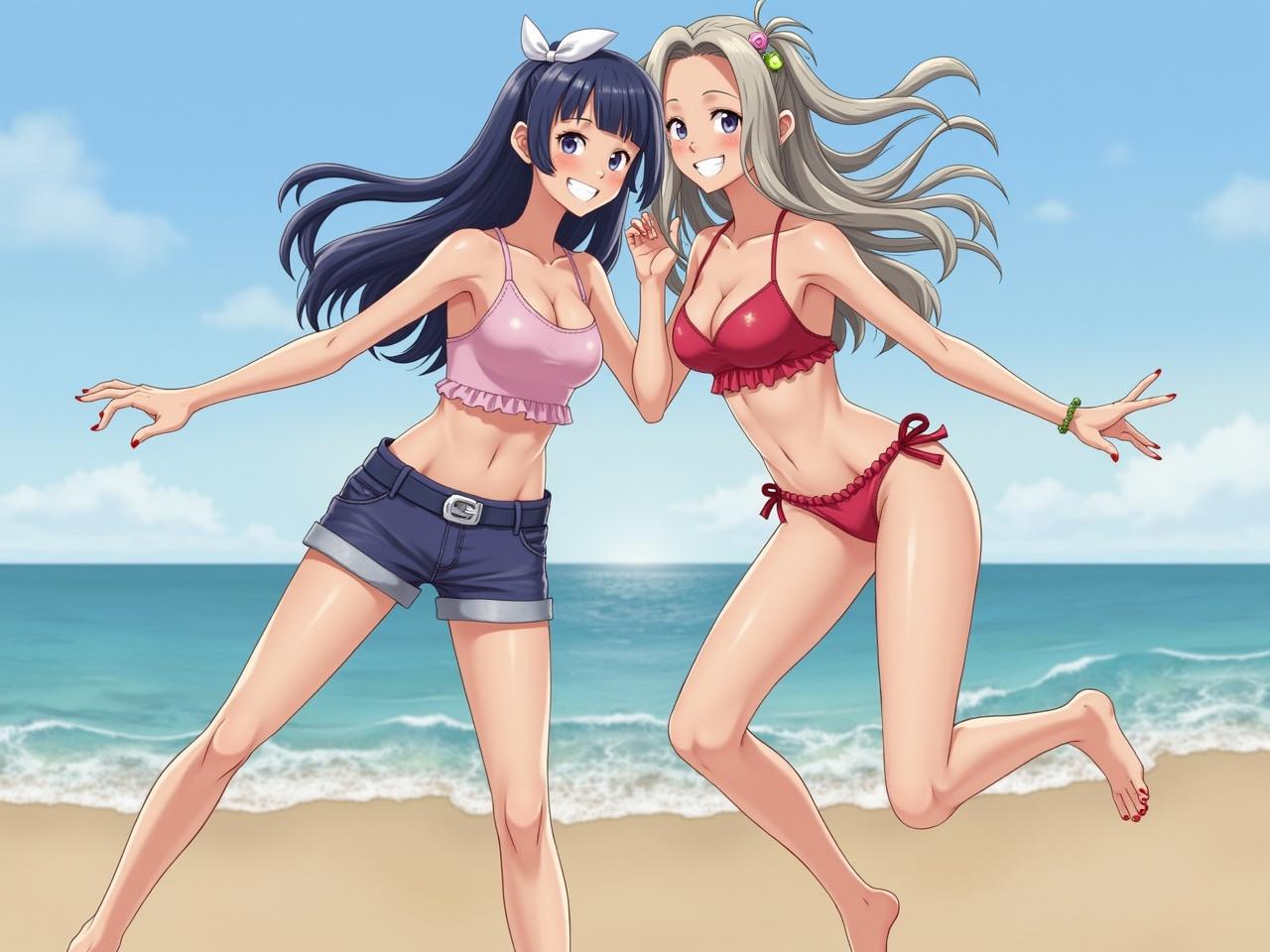 This image features two young women at the beach, showcasing a fun summer vibe. They are smiling and enjoying their time together in swimwear. One girl has long dark hair with a bow, while the other has light hair tied in two ponytails. The scene captures the beauty of a sunny beach with waves in the background. Their playful poses reflect friendship and joy associated with summer days.