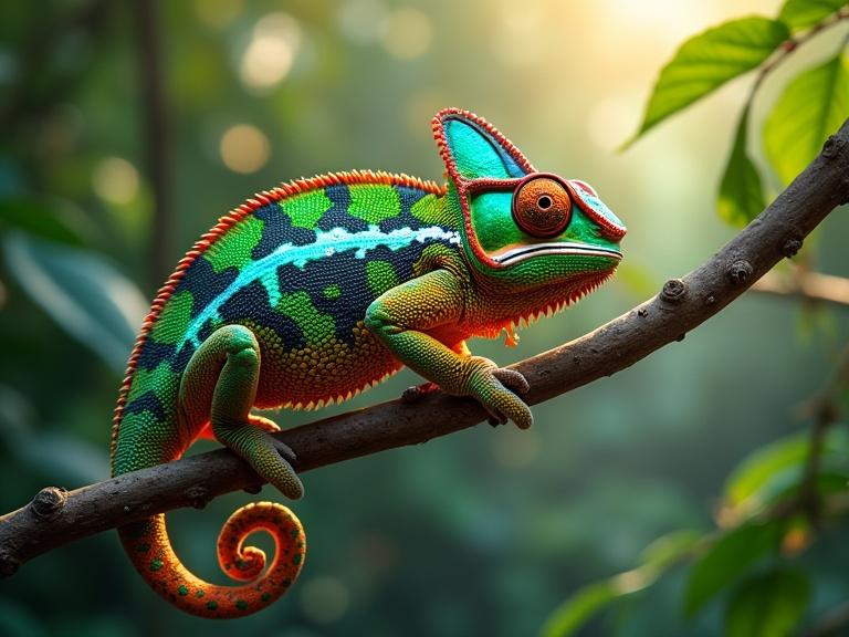 Chameleon perched on a branch in a rainforest. Bright colors including greens, blues, and oranges. Sunlight filters through leaves creating patterns. Detailed view of chameleon's skin.