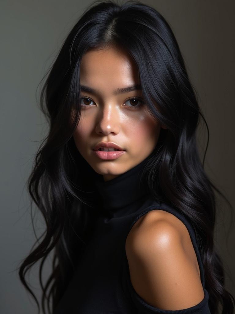 Girl has long black silky hair wearing a black outfit. The image emphasizes the hair and shoulder in a close-up profile shot.