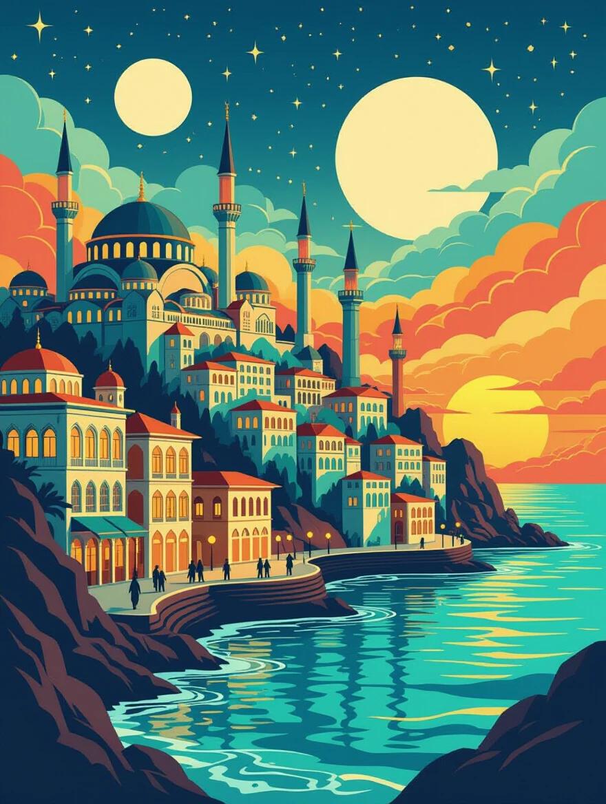 Artistic depiction of a city with Ottoman domes and minarets above European buildings. The scene shows a vibrant sunset over the sea. The sky transitions from navy to warm tones. Figures walk along a coastline. The image features smooth gradients and stylized waves. Vector-style art uses rich colors.