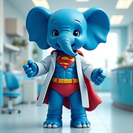 Blue elephant figure modeled after Superman with a white coat. Standing heroically in a dental clinic. Muscular physique showcased. Photorealistic style with vibrant colors.