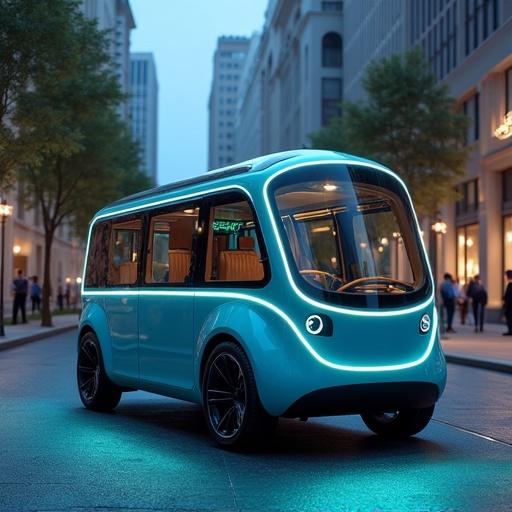 Futuristic self-driving micro-EV designed for urban environments. The Solaris Aurora features a sleek light blue body with bioluminescent accents. It includes innovative technologies like Harmony AI for mood-based cabin settings and Hive Parking for automatic stacking. The setting depicts a city street with modern architecture and pedestrians. Focus on the vehicle in a vibrant urban context.
