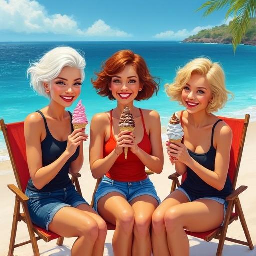 Three whimsical grandmothers sit on beach chairs. They have different short hairstyles and wear summer outfits in vibrant colors. Each holds an ice cream cone and smiles blissfully. The background shows a scenic tropical beach with clear blue water and sunny skies.