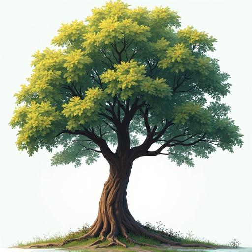 A large healthy tree with vibrant green leaves. Thick brown trunk and roots visible. Bright and serene setting with no other elements. Focus on the tree's natural beauty.