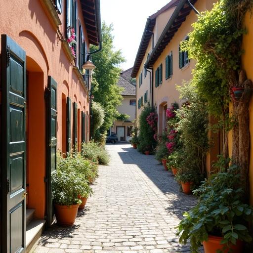 paseo por una calle adoquinada de Bacharach rodeado de casas tradicionales rodeadas de flores y banderines. Ambiente alegre y colorido. Parada frente a pequeña tienda de vinos.