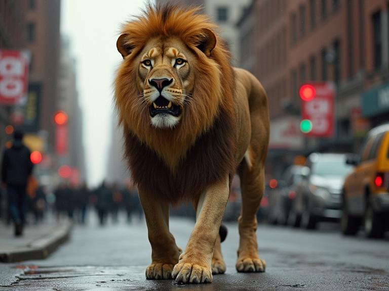 A lion walks through the streets of New York city. The lion is mid stride showing its powerful physique. Buildings and traffic surround the lion creating an urban scene.