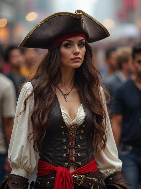A woman in a pirate costume walking through a crowded cosplay convention. The setting is vibrant with many people in the background. The woman has long hair and wears a large pirate hat. The image is low resolution with visible pixelation and saturation effects.