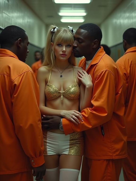 A music video scene featuring a blonde woman in a golden bikini and an older black man in an orange prison jumpsuit. Woman has long ponytail and is surrounded by other male prisoners. She appears happy and flushed.