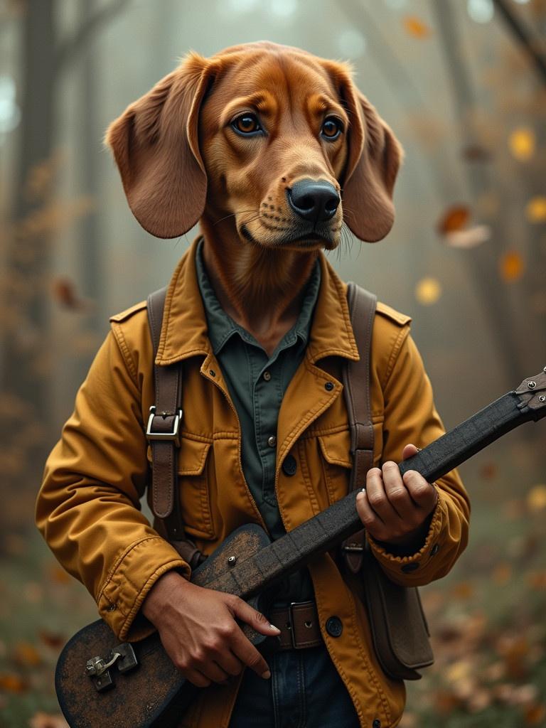 A person dressed stylishly in a yellow jacket holding a guitar in a foggy forest. The head is uniquely illustrated as a dog.