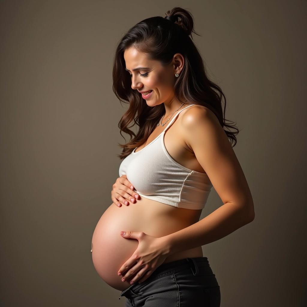 A pregnant woman is gently touching her baby bump. She wears a tank top and smiles. The background is neutral. The image captures joy and anticipation of motherhood.