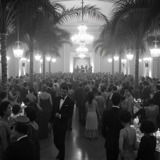 Black-and-white photo from 1920s Cocoanut Ball at Everglades Club in Palm Beach. Ballroom filled with guests in evening wear. Palm trees and lanterns create atmosphere. Energetic dance floor. Jazz band plays under painted arch. Sharp focus on figures and textures with realistic film grain.