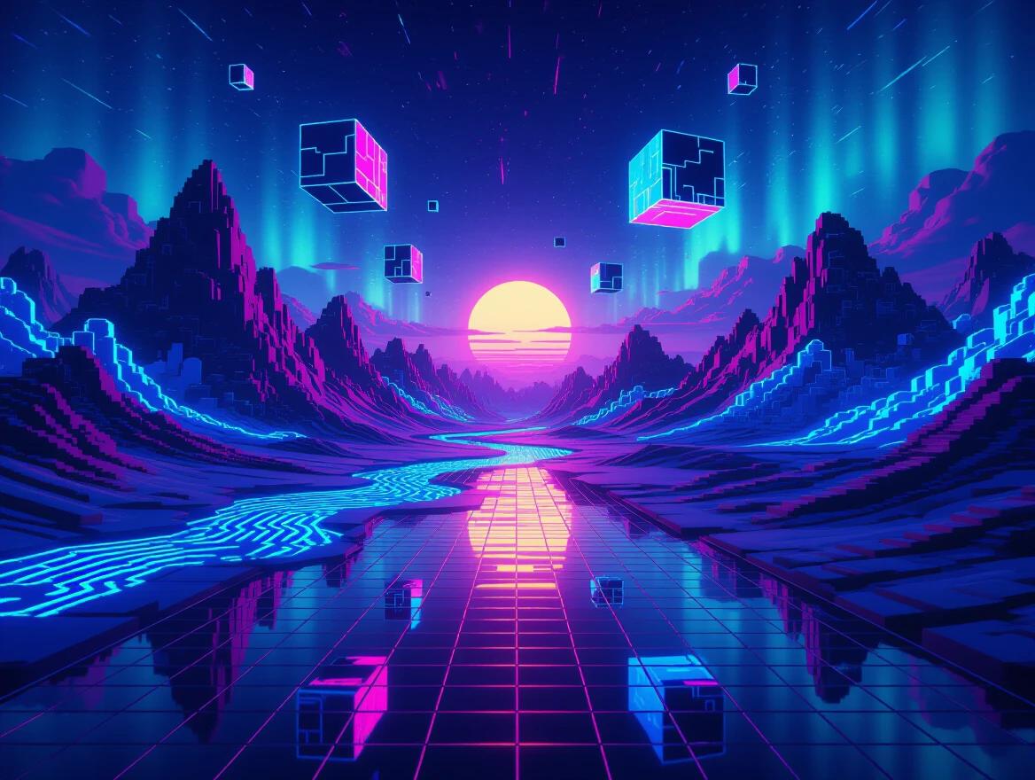 High-resolution digital dreamscape that merges retro pixelated terrains with surreal hyperrealistic elements. Landscape features fragmented 8-bit mountains that dissolve into glowing chrome rivers. Floating geometric monoliths hover in the sky, casting vibrant shadows. Color palette fuses purples, blues, and pinks to create an otherworldly atmosphere. Reflective grid floor stretches into the horizon under aurora borealis. Glitched structures pulse with motion like code execution. Dynamic lighting with strobe pulses and ambient backlight from a synthetic sun. Enhanced cinematic depth with lens flares and fog.