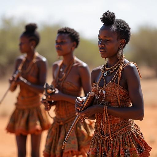 Women and children from the Himba tribe in Namibia performing tribal music and dance under an acacia tree.
