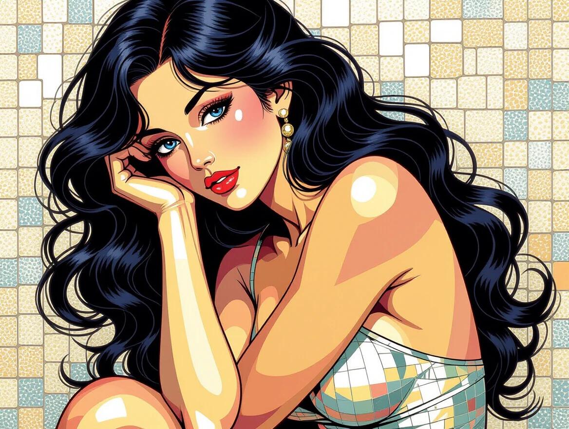 Nude lady depicted in a mosaic style. Illustration captures the essence of femininity with vibrant colors and a focus on the woman's features. Emphasis on art style inspired by Milo Manara.