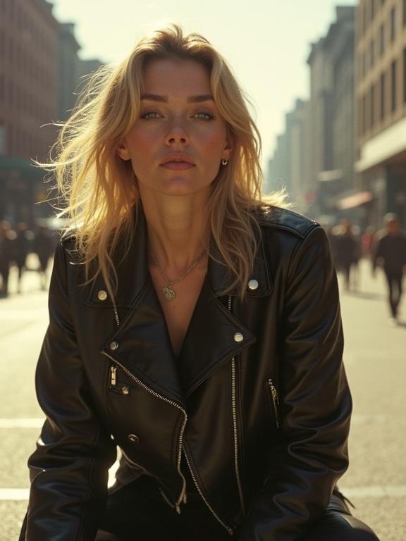 A woman wears a black leather jacket and leather pants. She leans forward with blond hair. The sunlight creates a soft focus effect. The atmosphere embodies attitude.