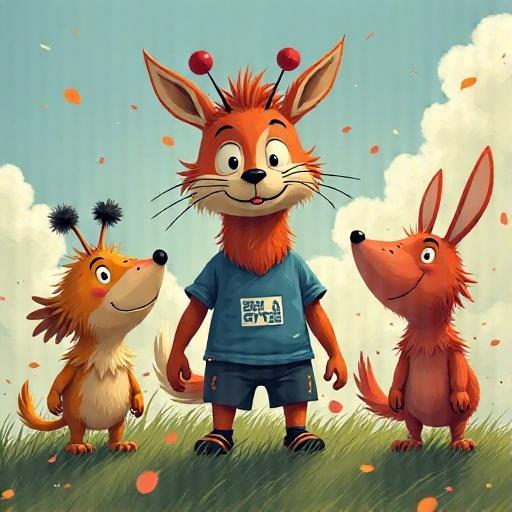 Três animais personagens da Turma da Mônica em uma clareira na selva: um leão simpático com grande juba, uma águia empoleirada com olhar orgulhoso e um dragão azul sorridente. Eles estão em círculo discutindo animadamente. Estilo de banda desenhada brasileira infantil.