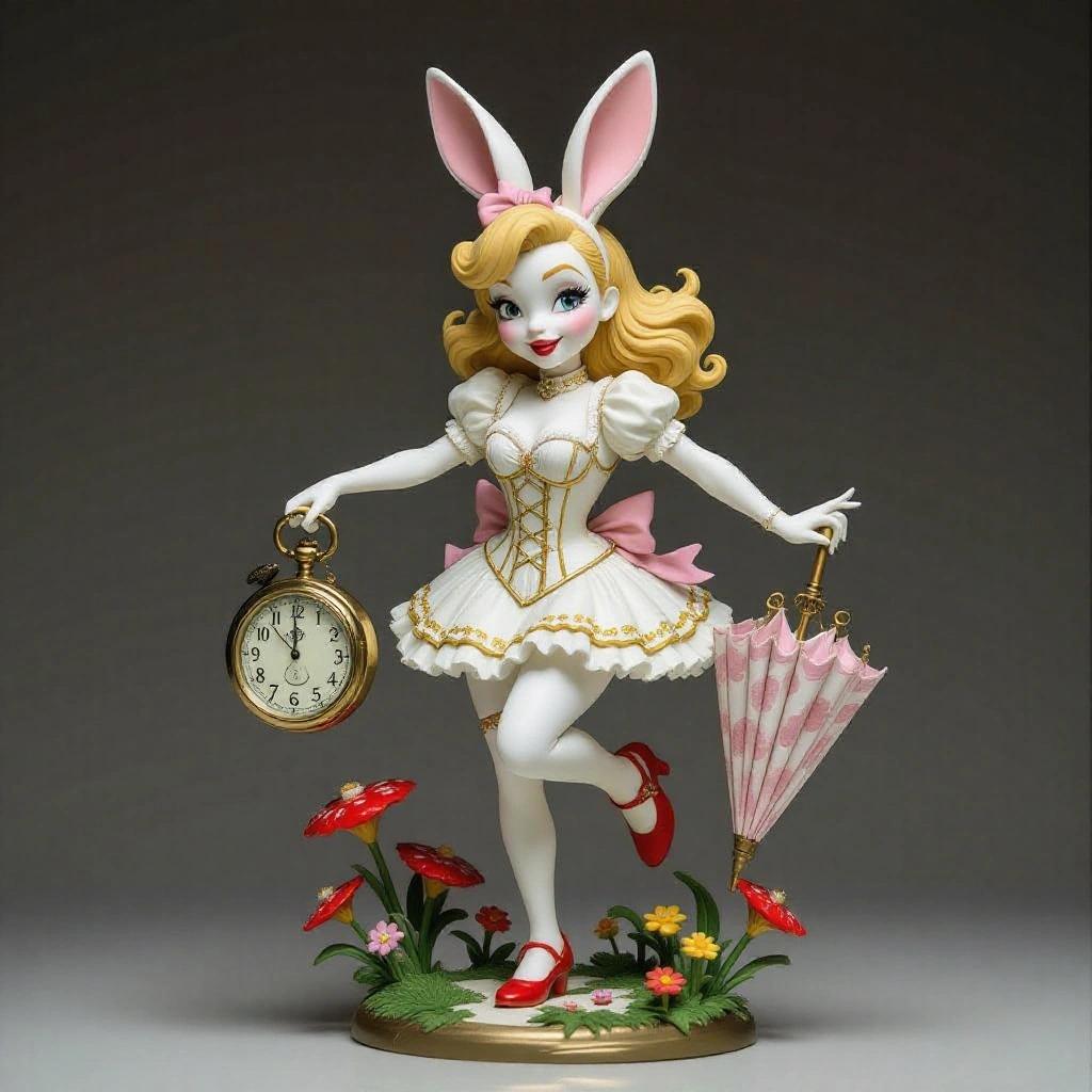 Detailed resin sculpture of a young woman inspired by the White Rabbit from Wonderland. She is in a dynamic pose as if running late. One hand holds a large pocket watch and the other carries an umbrella. The outfit is a feminine interpretation of the rabbit's attire, featuring a tight corset, a bolero jacket, a ruffled skirt, and striped tights. Bunny ears are atop her head. The scene includes whimsical elements like flowers and a sign that reads 'Too Late'.