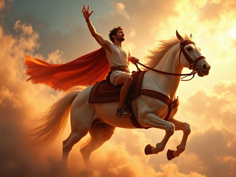 Young Phaethon rides a powerful white horse through the skies. He holds the reins confidently. His expression shows pure joy and exhilaration as he soars. The chariot is fiery and majestic. Surrounding clouds hint at a vibrant sunset.