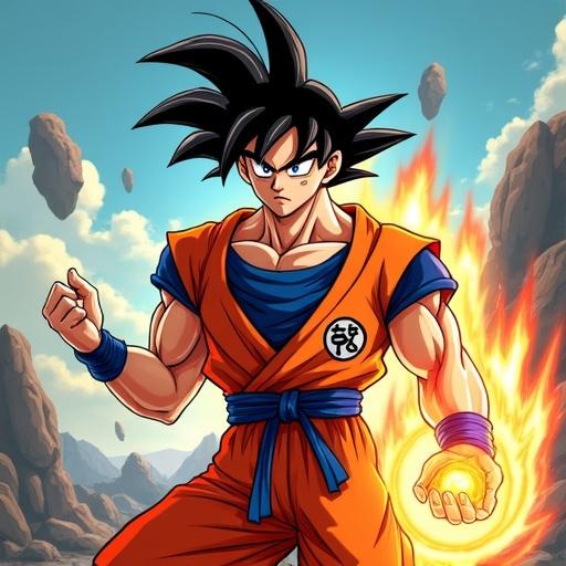 Vibrant anime character inspired by Dragon Ball Z. Male character with spiky black hair and golden highlights. Muscular build in futuristic orange and blue martial arts gi with red belt. Glowing energy aura and Kamehameha energy ball in hand. Background of shattered battlefield with floating rocks. Style features dynamic Shonen anime elements.