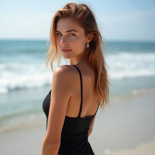 Photo of a young attractive woman at the beach wearing a black swimsuit. Light skin with freckles and slightly red hair. Viewed from the back with a shoulder-length view looking over her shoulder towards the camera. Serious expression.
